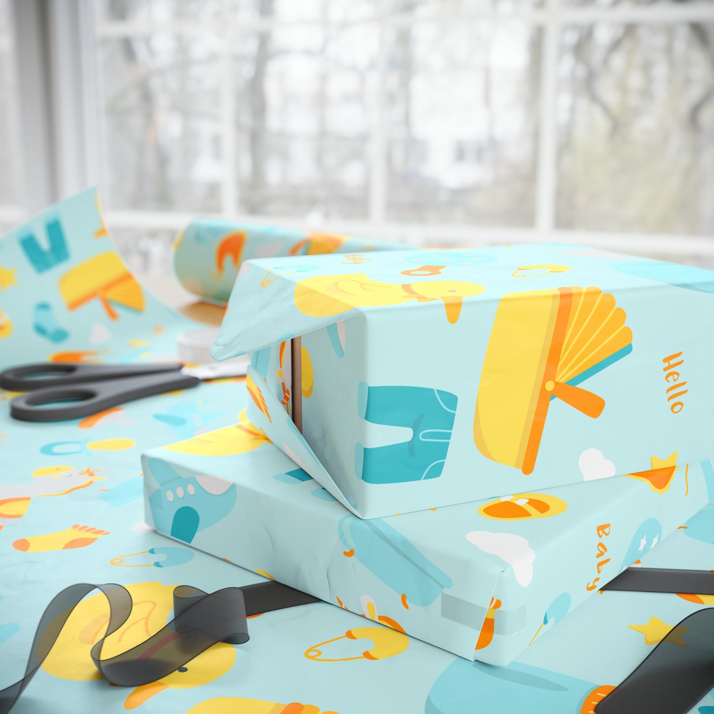 Boy Blue Baby Shower Toys Drawing Cartoon Present Birthday Gift Wrapping Papers