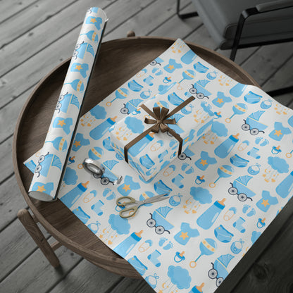Baby Shower Boy Blue Toys Retro Drawing Cartoon Present Birthday Gift Wrapping Papers