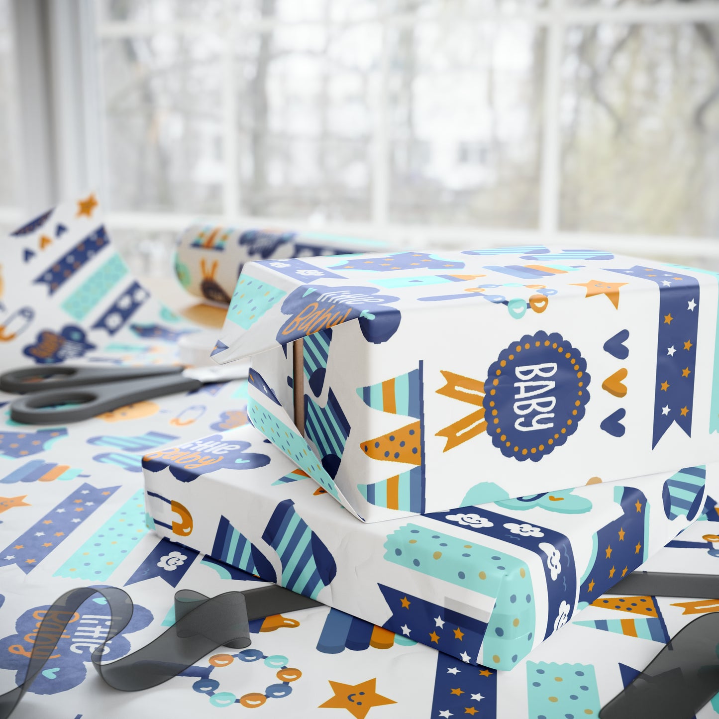 Baby Shower Boy Blue Toys Drawing Cartoon Present Birthday Gift Wrapping Papers