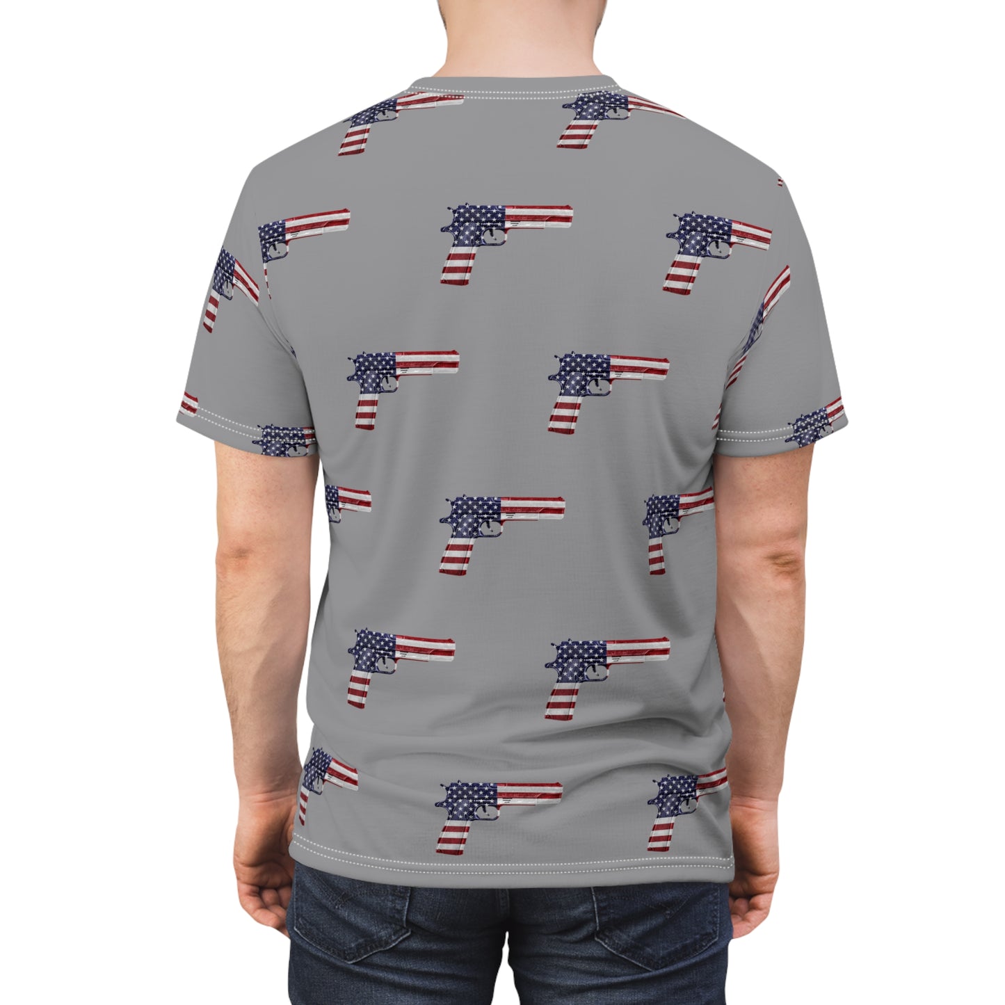 Amerikanische Flagge, Rot, Weiß und Blau, Pistolengrau, Unisex, sportliches Cut &amp; Sew Soft-T-Shirt