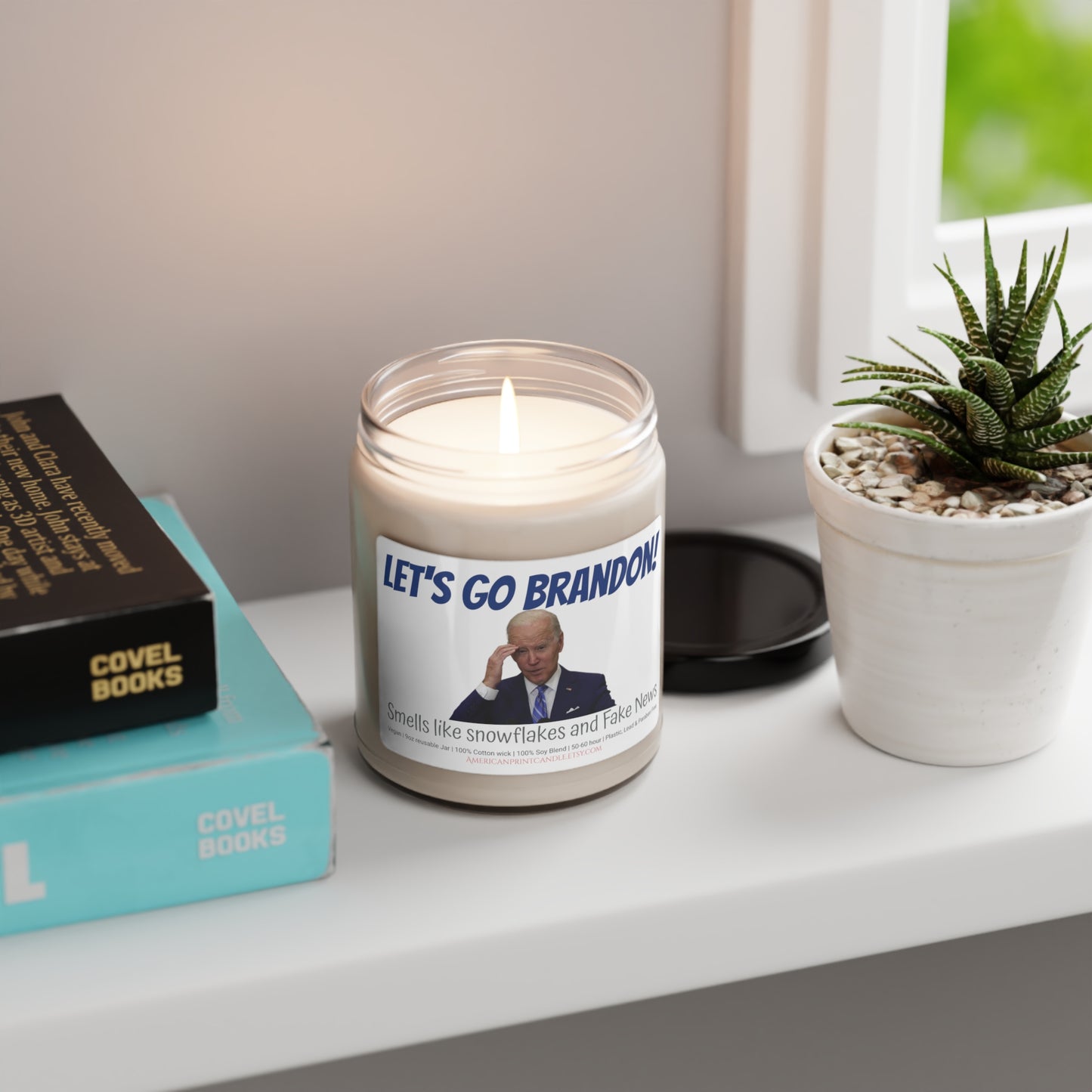 Let's Go Brandon Biden Fake news and snowflakes and Scented Soy Glass Jar Candle 9oz
