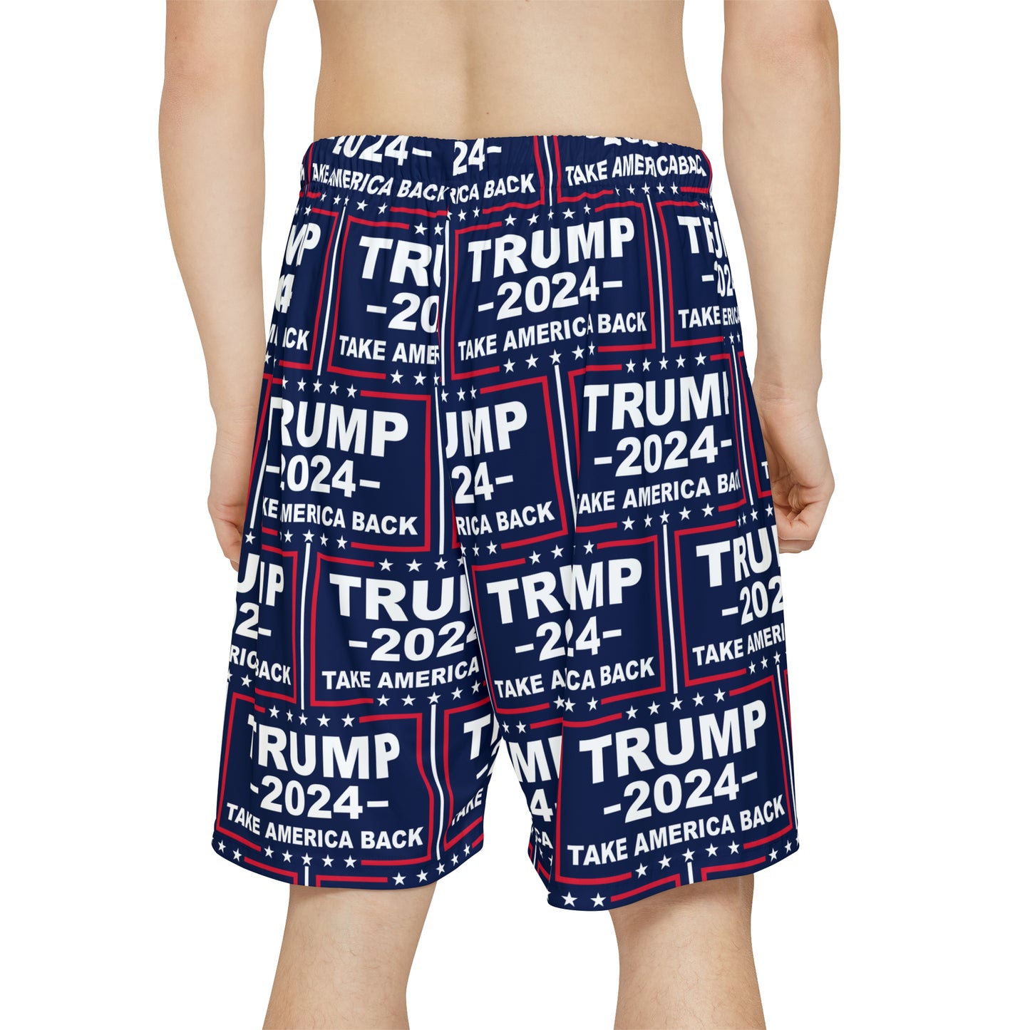 Trump 2024 Take America Back Blaue Sport-Sportshorts für Herren mit Allover-Print