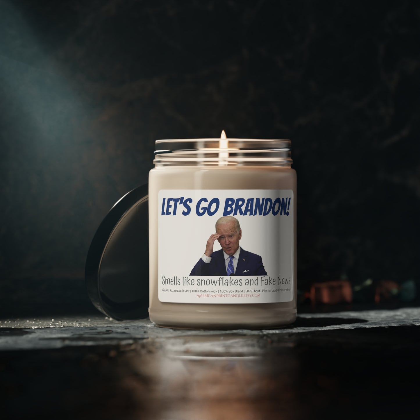 Let's Go Brandon Biden Fake news and snowflakes and Scented Soy Glass Jar Candle 9oz