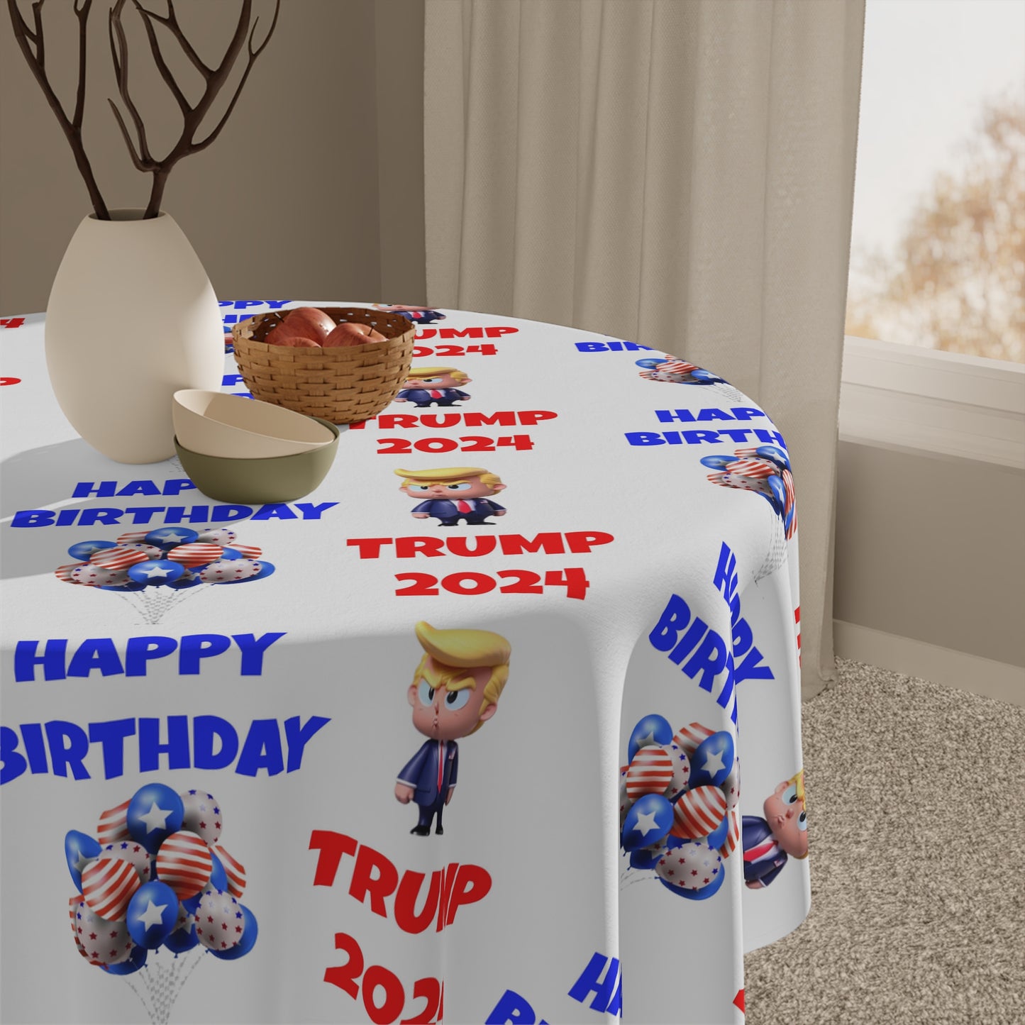 Happy Birthday Trump 2024 White Celebration Fabric Tablecloth