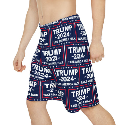 Trump 2024 Take America Back Blaue Sport-Sportshorts für Herren mit Allover-Print