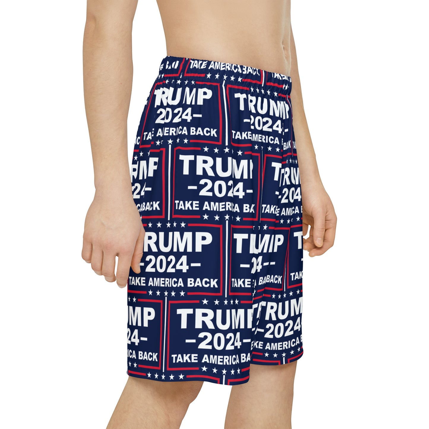 Trump 2024 Take America Back Blaue Sport-Sportshorts für Herren mit Allover-Print
