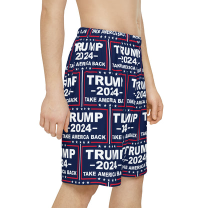 Trump 2024 Take America Back Blaue Sport-Sportshorts für Herren mit Allover-Print