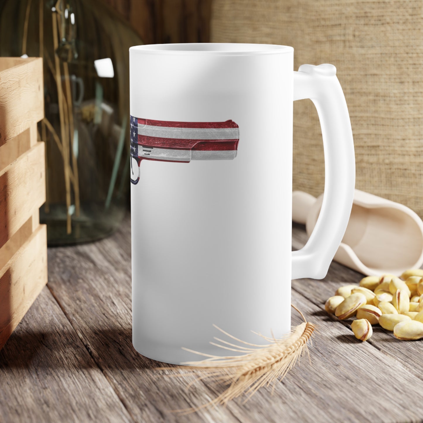 American Flag Pistol 2A Frosted Glass Beer Pint 16oz Mug