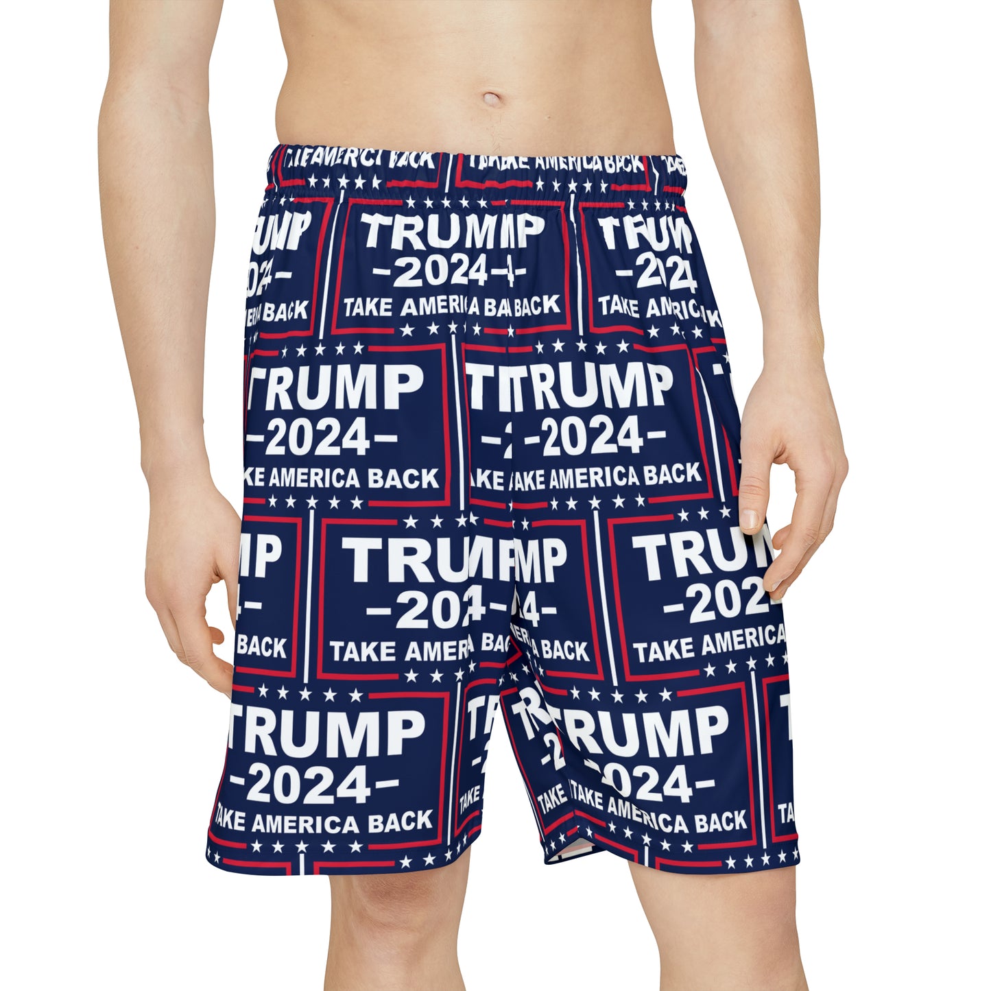 Trump 2024 Take America Back Blaue Sport-Sportshorts für Herren mit Allover-Print