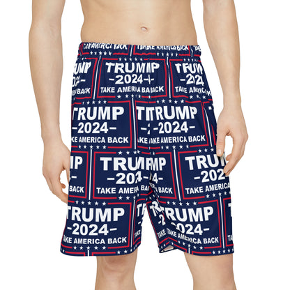 Trump 2024 Take America Back Blaue Sport-Sportshorts für Herren mit Allover-Print