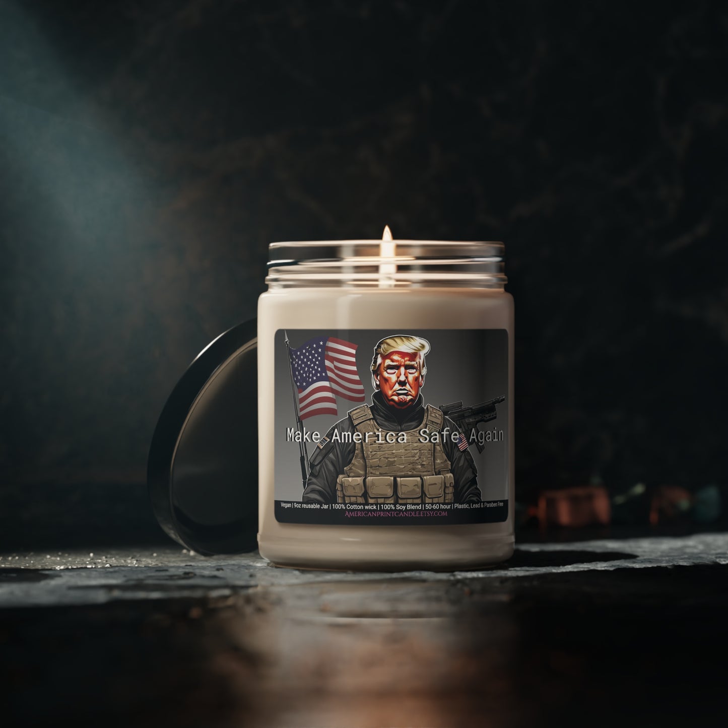 Make America Safe Again soldier Trump Scented Soy Glass Jar Candle 9oz