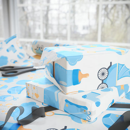 Baby Shower Boy Blue Toys Retro Drawing Cartoon Present Birthday Gift Wrapping Papers