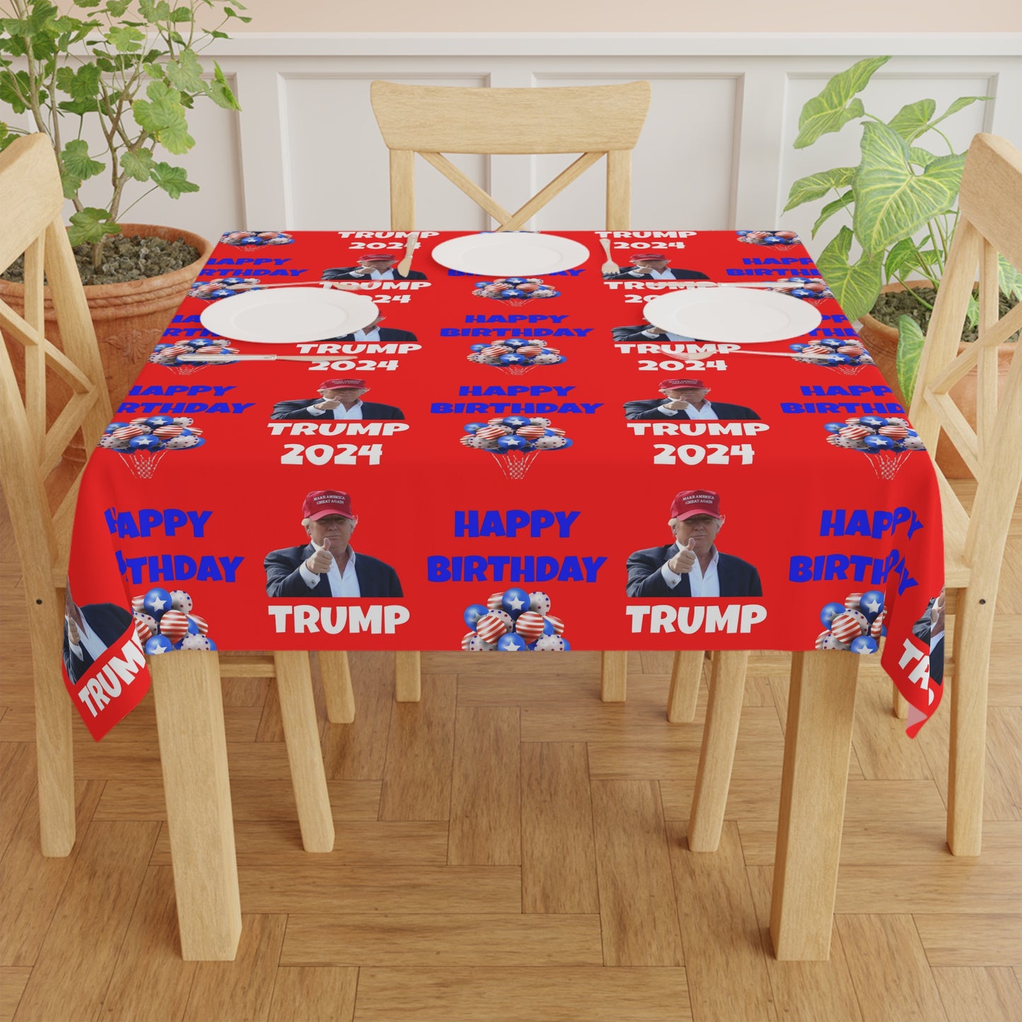 Happy Birthday Trump 2024 Red Celebration Fabric Tablecloth