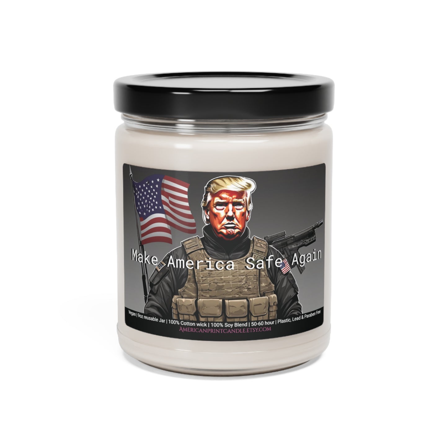 Make America Safe Again soldier Trump Scented Soy Glass Jar Candle 9oz