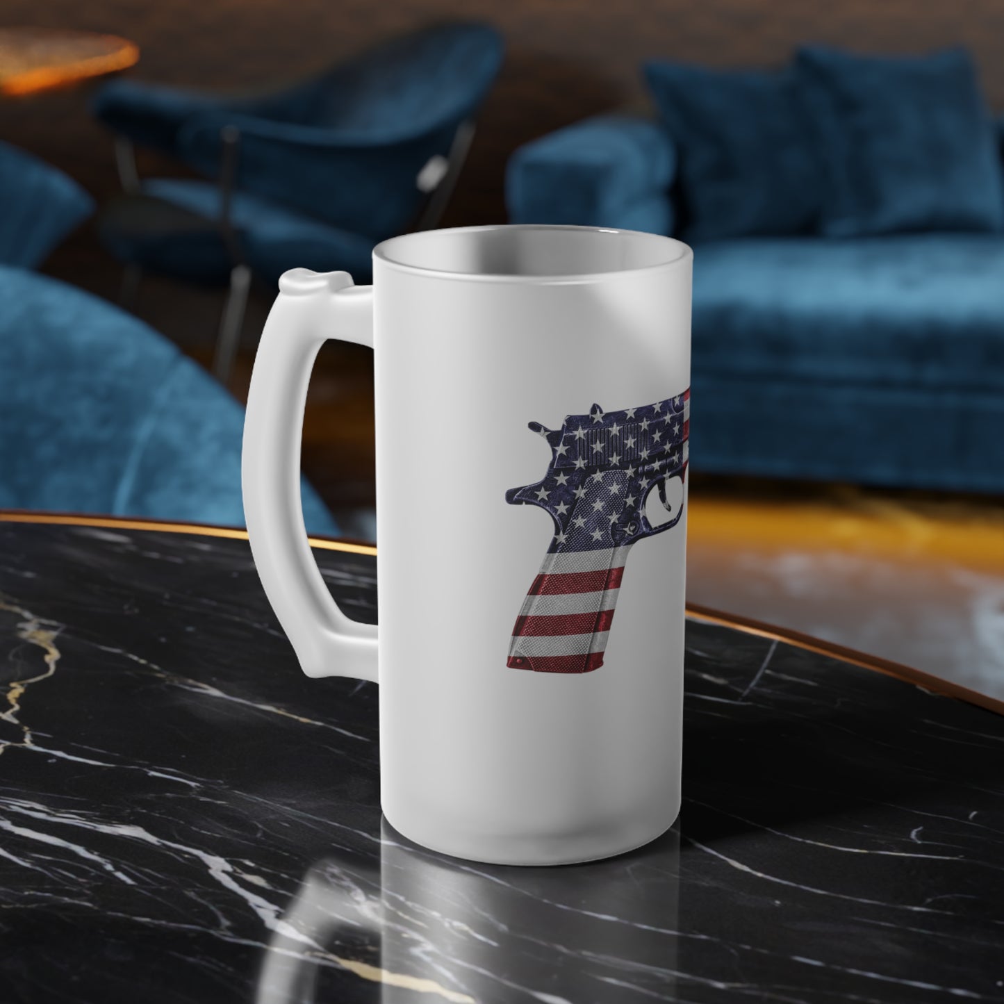 American Flag Pistol 2A Frosted Glass Beer Pint 16oz Mug
